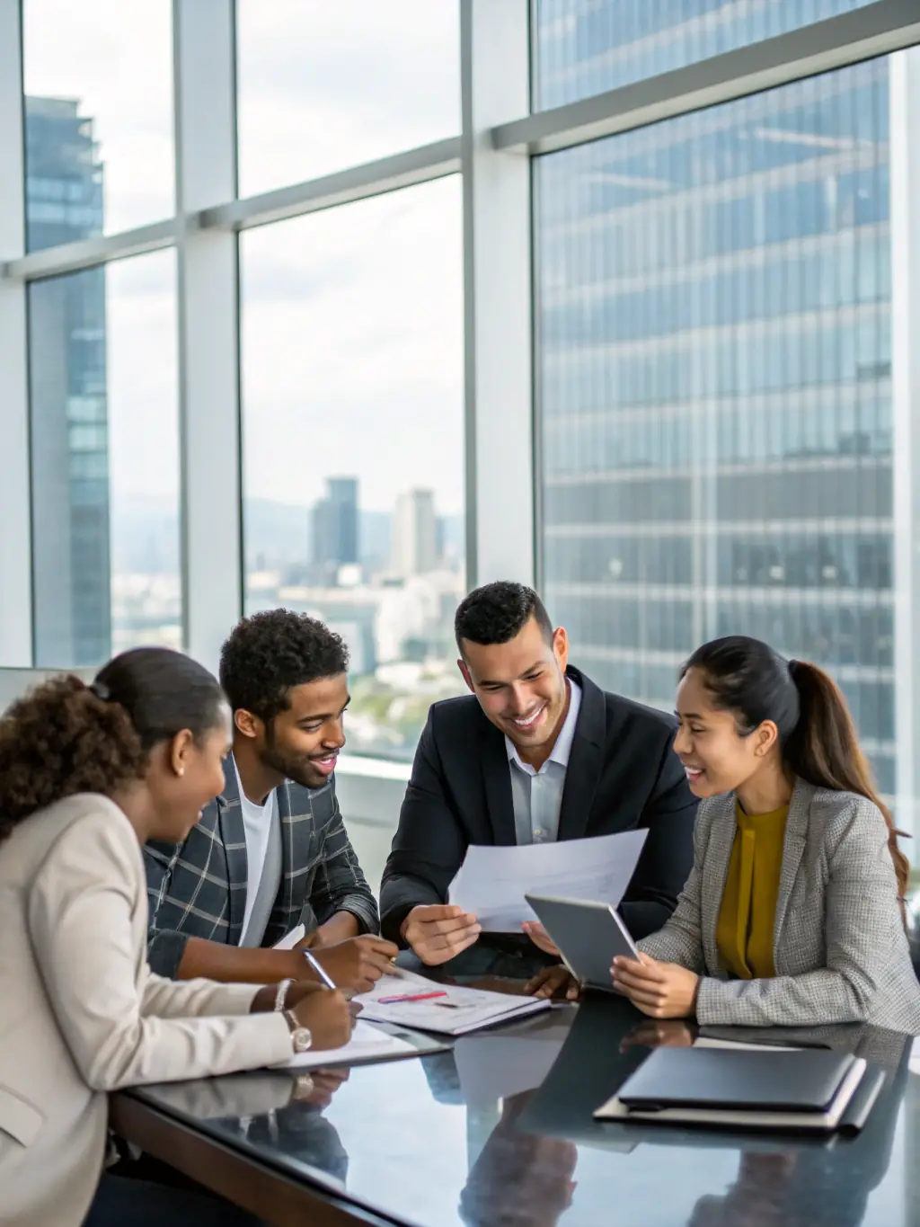 A diverse group of professionals collaborating in a modern office setting, representing BigFuture's staffing solutions.
