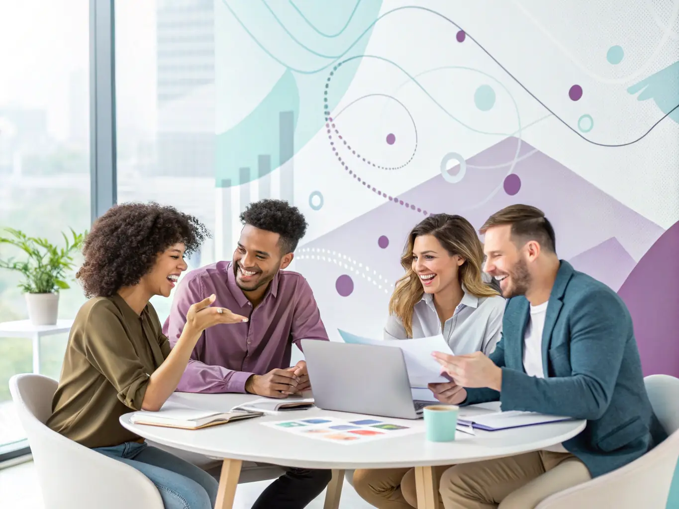 A team of remote workers collaborating on laptops in a virtual meeting, representing the flexibility of outsourcing services.