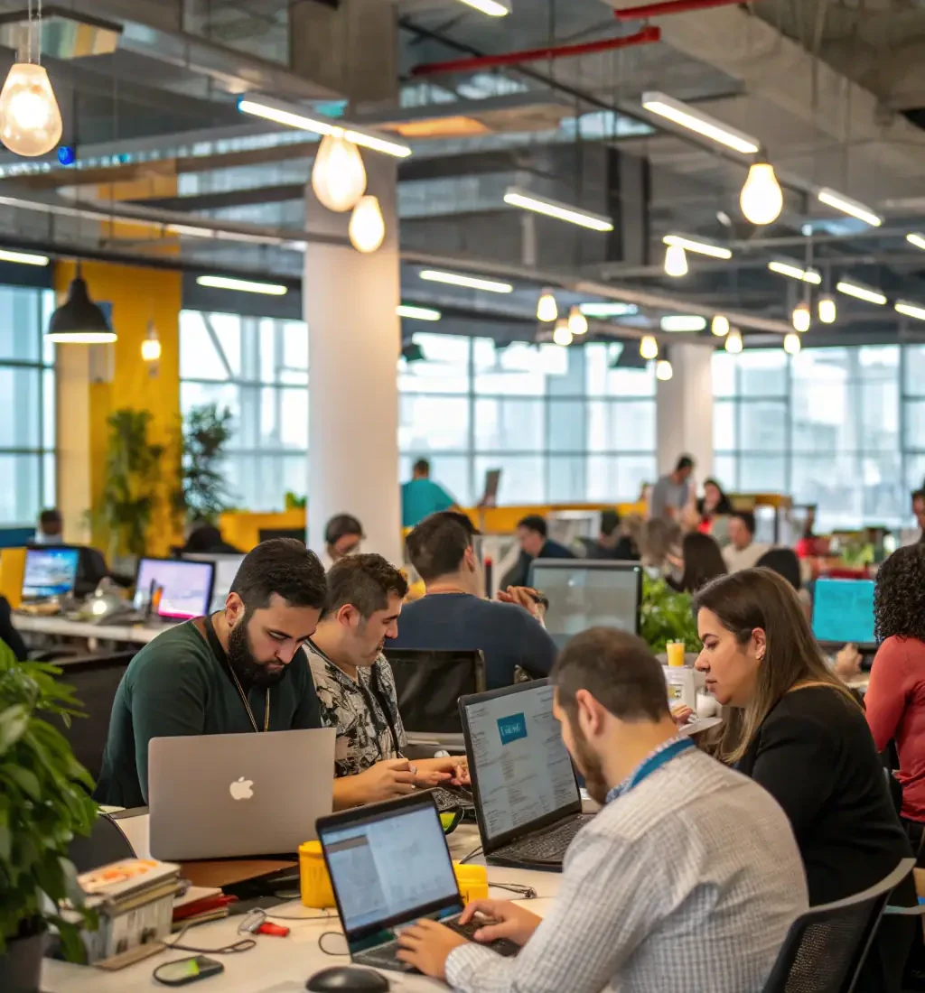 A modern office space with employees working collaboratively, symbolizing BigFuture's commitment to connecting talent with opportunities.